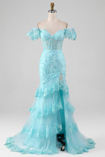 Robe de bal bleu ciel en dentelle à épaules dénudées et paillettes sirène avec fente